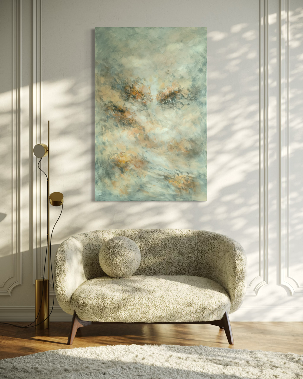 Handgeschilderd abstract schilderij in gedempte blauwgroene, beige en roestkleurige tinten met een zachte, gestructureerde afwerking.