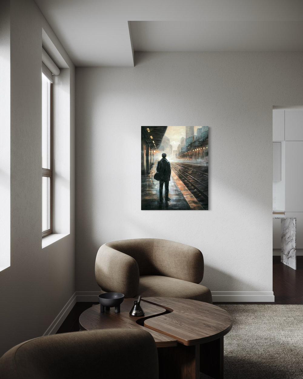 Handgeschilderd schilderij van een persoon op een regenachtig treinstation met stadslichten, reflecties en mistige achtergrond.