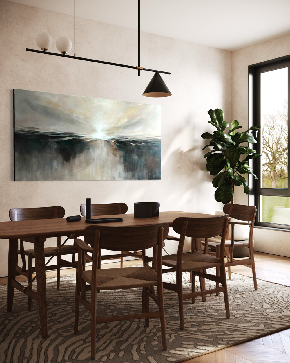 Handgeschilderd abstract landschap in grijze en blauwe tinten met centraal licht en dynamische penseelstreken.