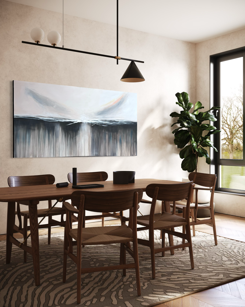 Handgeschilderd abstract landschapsschilderij in harmonieuze grijze en blauwe tinten. Zachte lichtnuances ontmoeten krachtige, vloeiende penseelstreken die diepte, beweging en een rustige uitstraling creëren. Een tijdloos kunstwerk dat zowel moderne als klassieke interieurs verrijkt met elegantie en harmonie.