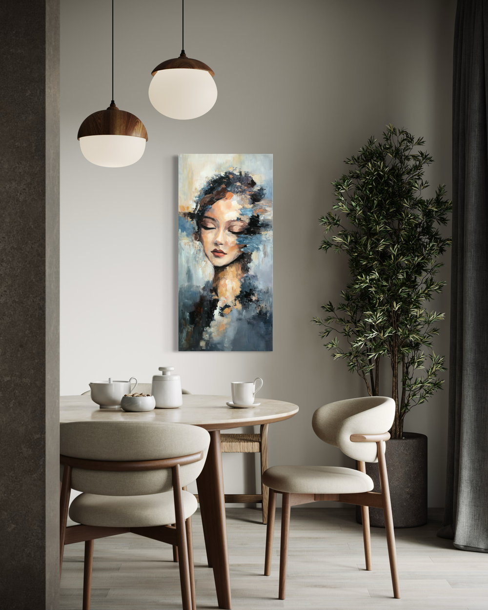 Handgeschilderd portret van een vrouw met gesloten ogen in blauwe en grijze abstracte tinten.