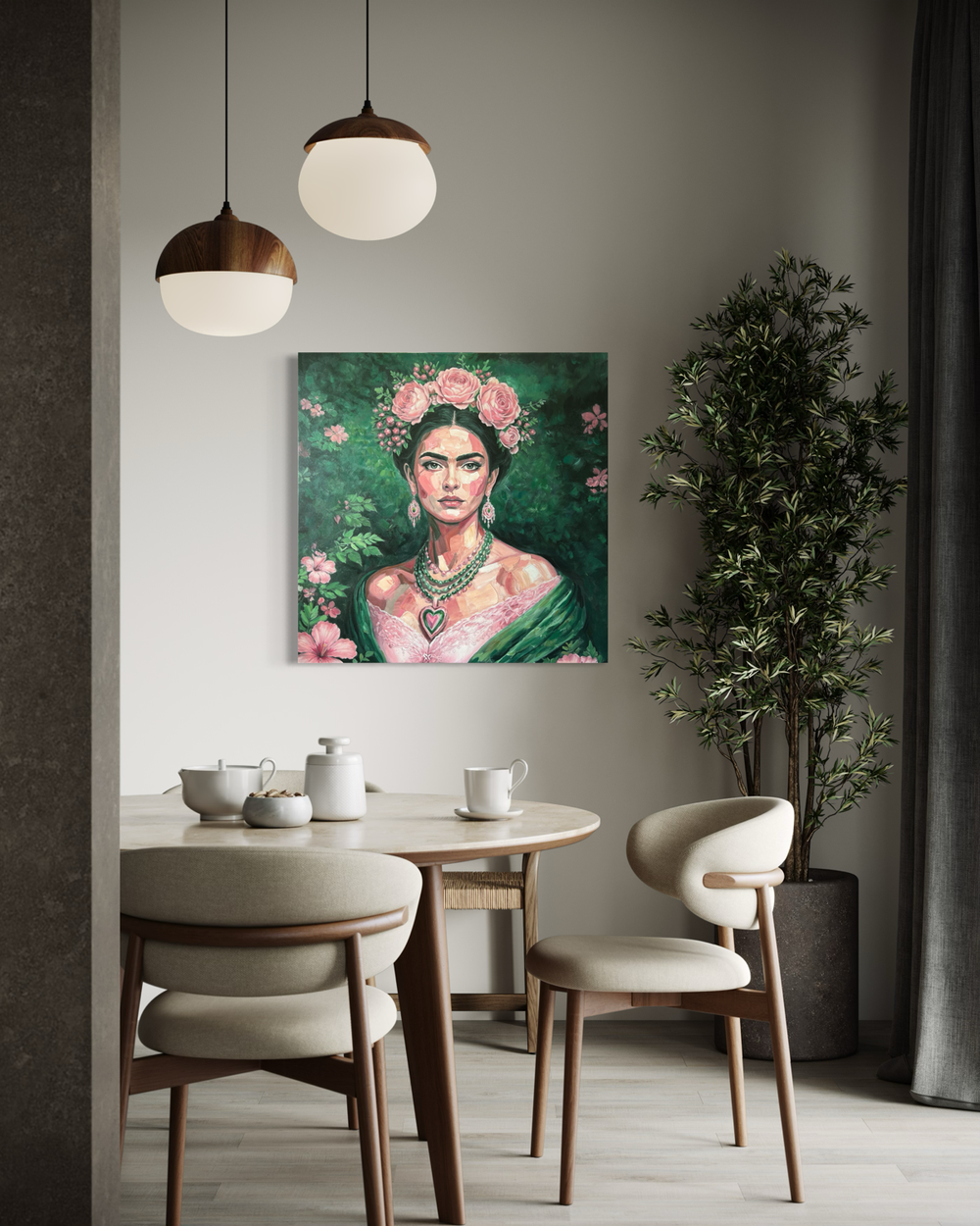 La Fille is een handgeschilderd portret in groene en roze tinten waarin bloemen, sieraden en een zelfverzekerde blik een elegant en levendig kunstwerk vormen.