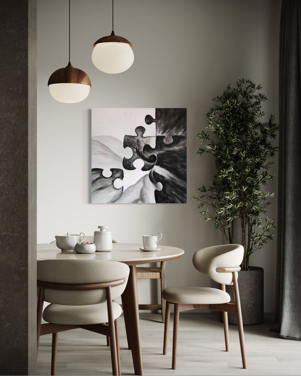 Een handgeschilderd abstract schilderij met puzzelachtige vormen in zwart, grijs en wit die samenkomen in het midden