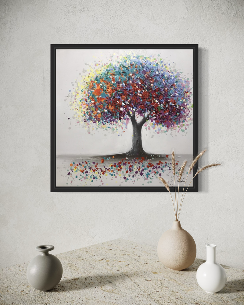 Een schilderij met een boom