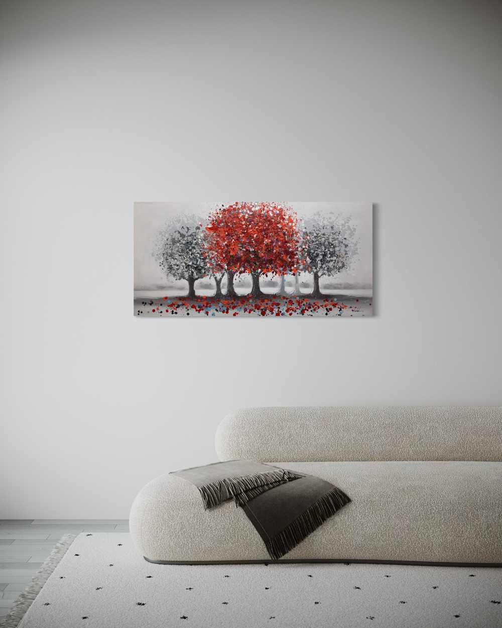Een schilderij met een rode boom