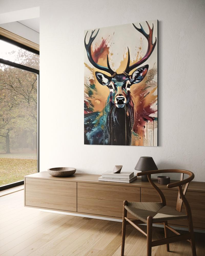 Een schilderij in aangename kleurtinten met een groot edelhert.
