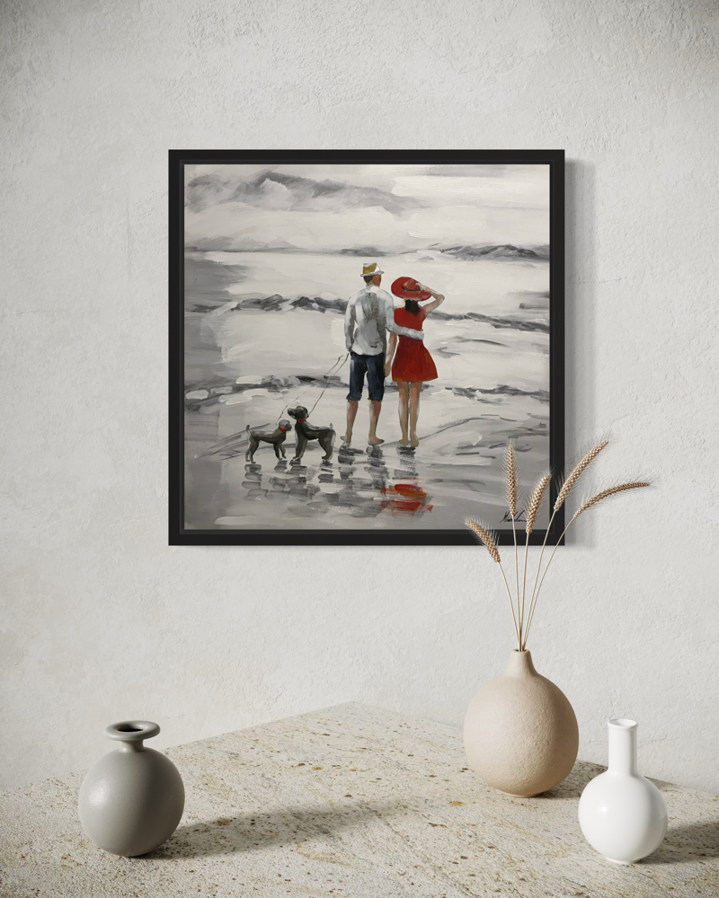 Een schilderij met een wandelend stel