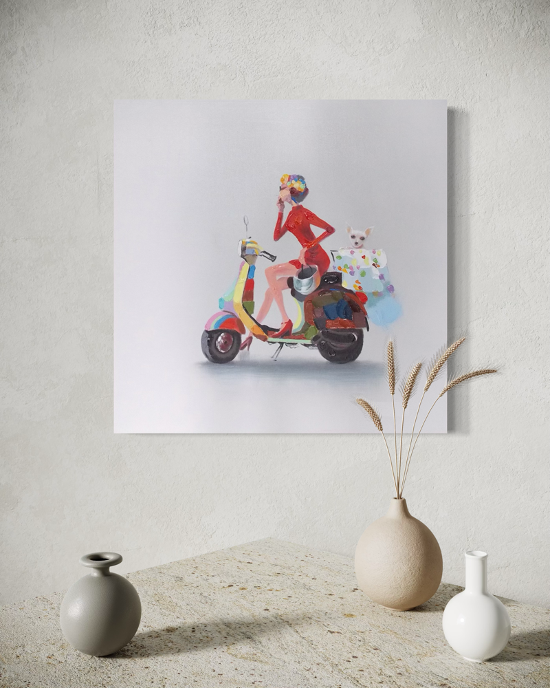 Een schilderij met een vespa