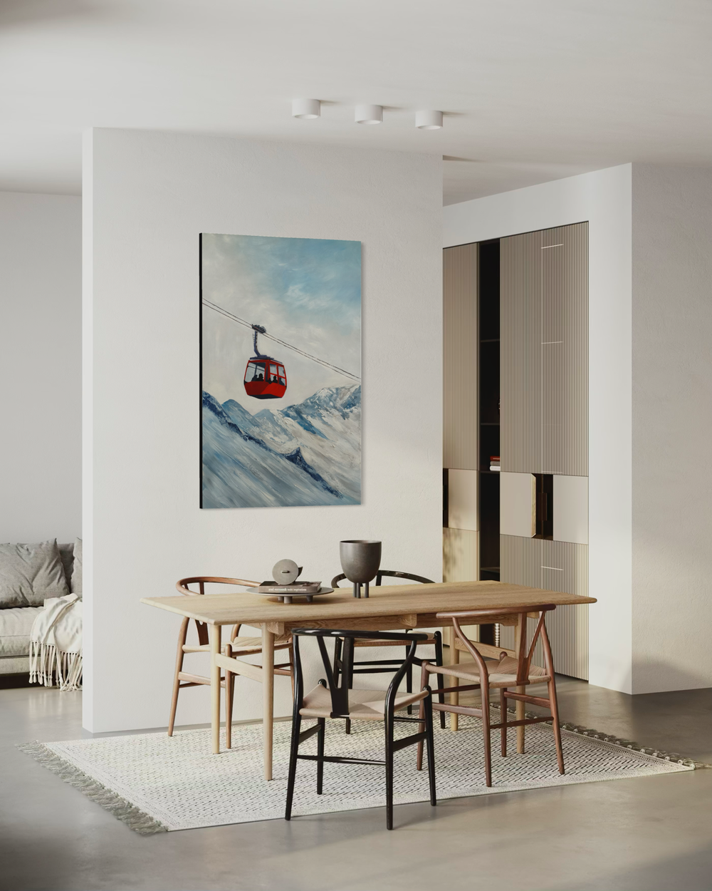 Handgeschilderd schilderij van een rode gondel boven besneeuwde bergen in blauwe en witte tinten met een rustige lucht.