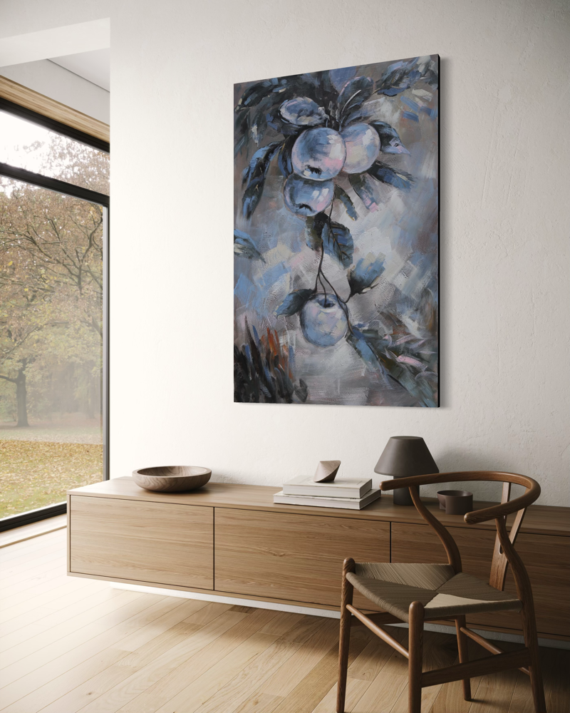 Een schilderij met appels