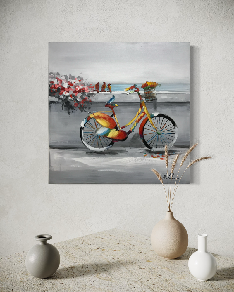 Een schilderij met een fiets