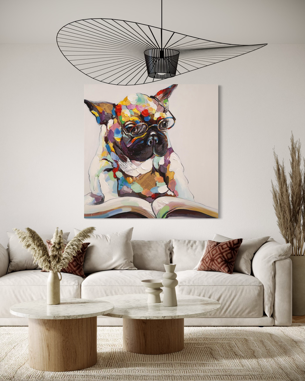 Een schilderij met een Franse bulldog