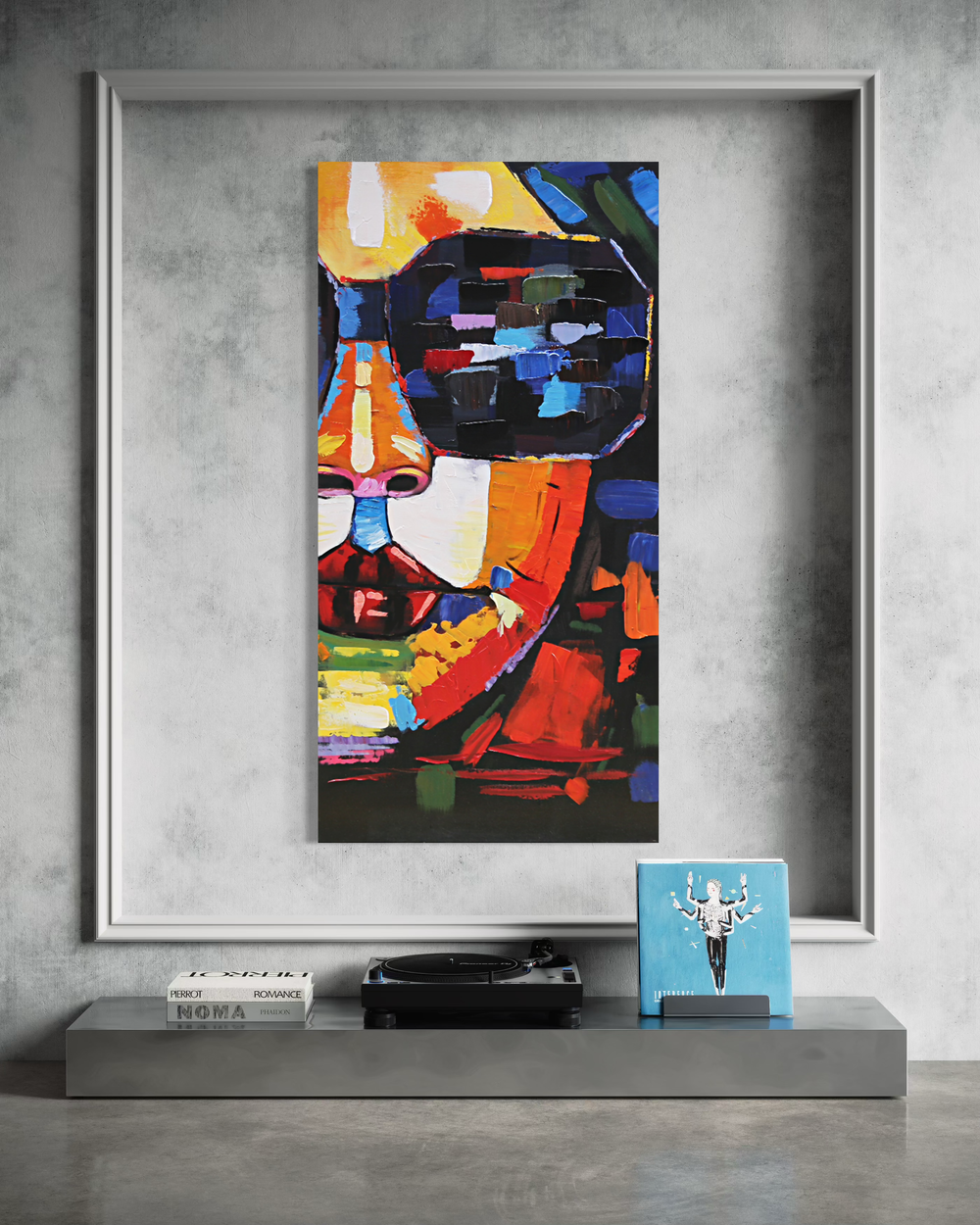 Een schilderij met een gezicht en een zonnebril